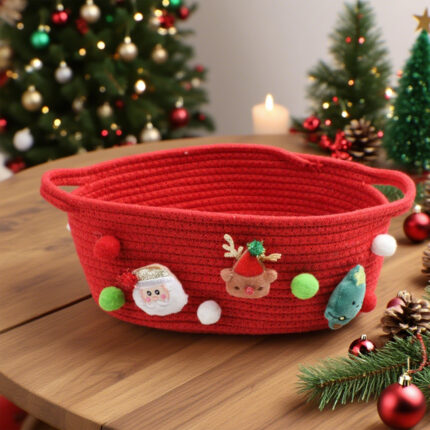 Μεγάλο καλάθι αποθήκευσης από βαμβακερό σχοινί με Άγιο Βασίλη – Κόκκινο